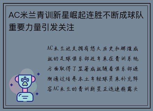 AC米兰青训新星崛起连胜不断成球队重要力量引发关注