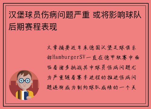 汉堡球员伤病问题严重 或将影响球队后期赛程表现