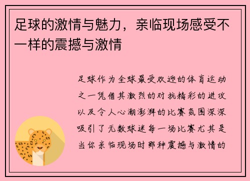 足球的激情与魅力，亲临现场感受不一样的震撼与激情