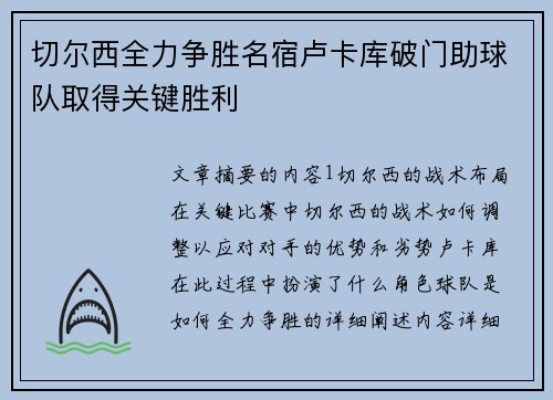 切尔西全力争胜名宿卢卡库破门助球队取得关键胜利