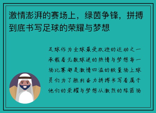 激情澎湃的赛场上，绿茵争锋，拼搏到底书写足球的荣耀与梦想